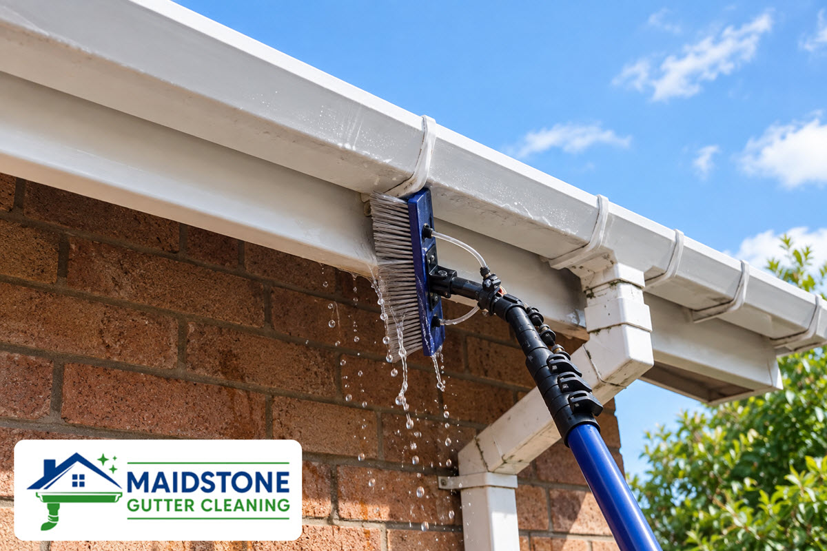 gutter cleaning in progress with downpipe to do branded