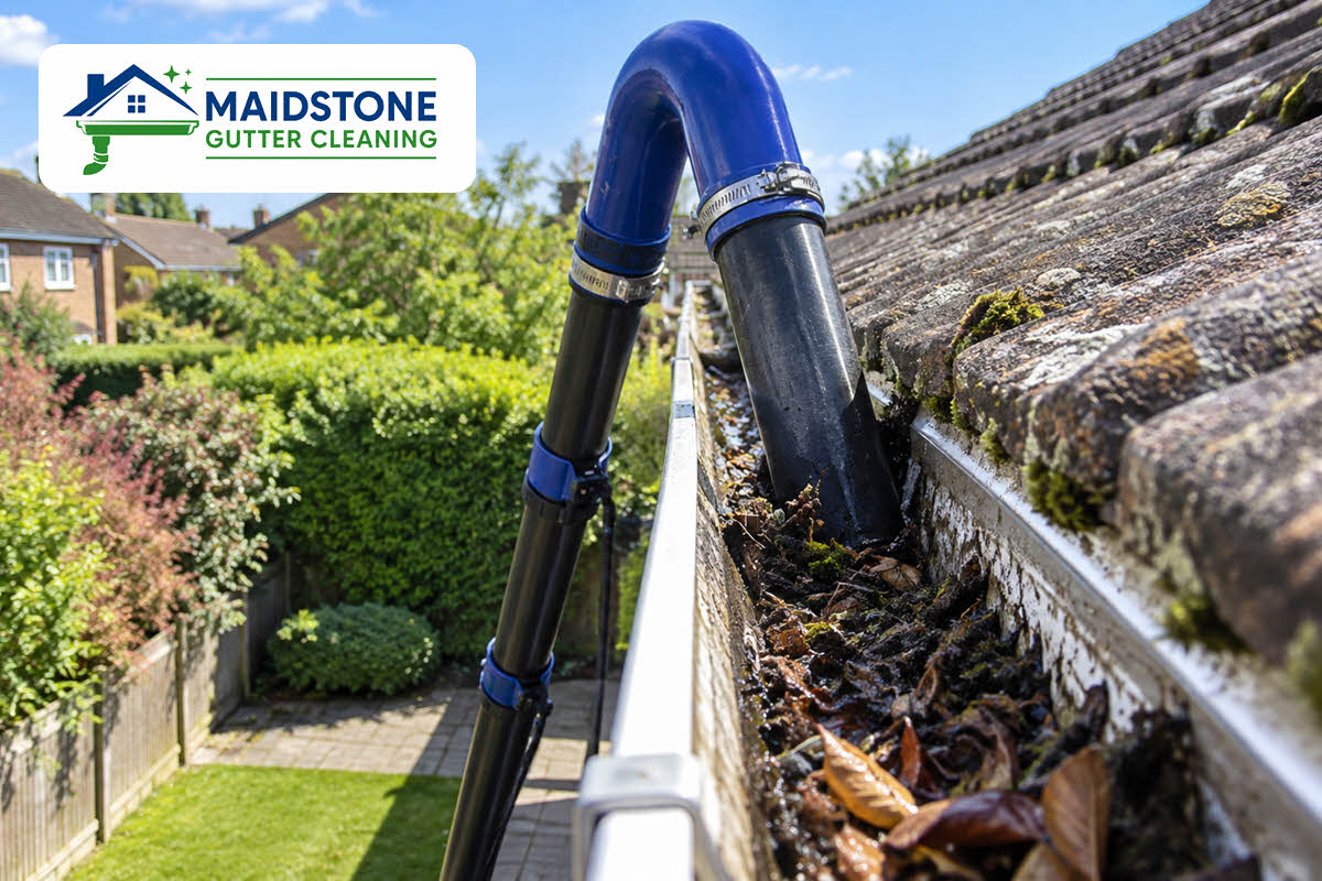 gutter vacuuming with nozzle in leaves in guttering branded gutter vacuuming with nozzle in leaves in guttering branded