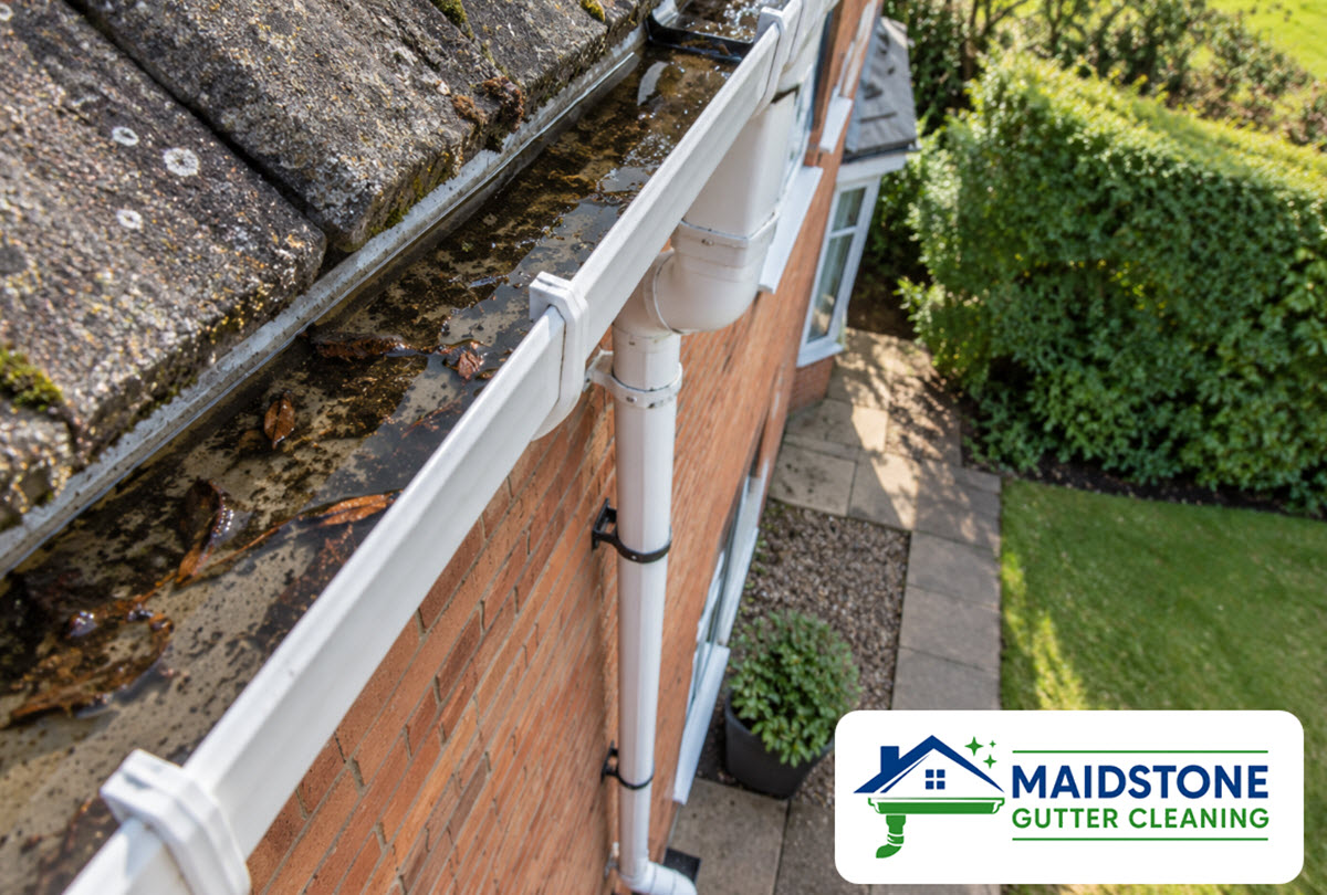 pooling water in guttering above downpipe connection due to blocked down spout branded